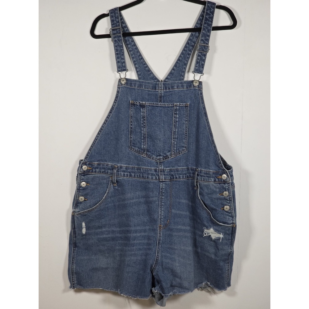 Old Navy Womens Plus 18 Denim Overall Shorts Blue Utility Distressed Casual